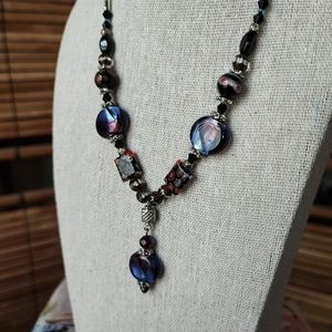 Millefiore Foil Dichroic Glass Seed Bicone Beads Beaded Necklace Silver Tone EUC